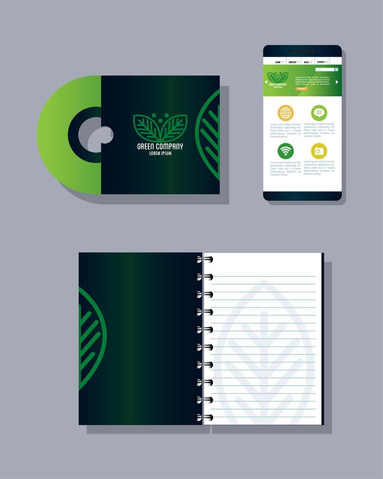 mockup stationery supplies, color green with leaves sign, green identity corporate vector