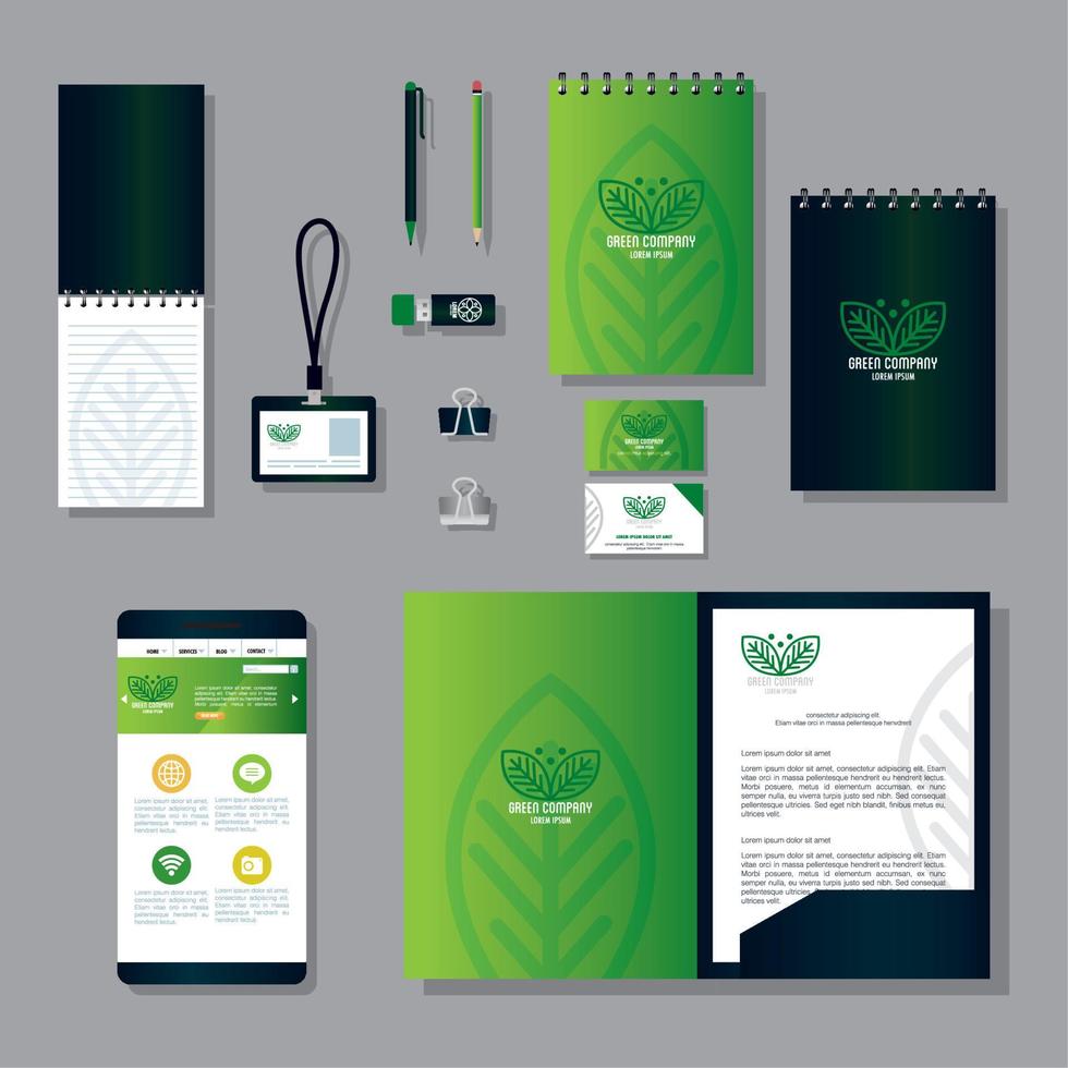 mockup supplies stationery color green with sign leaves, green identity corporate vector