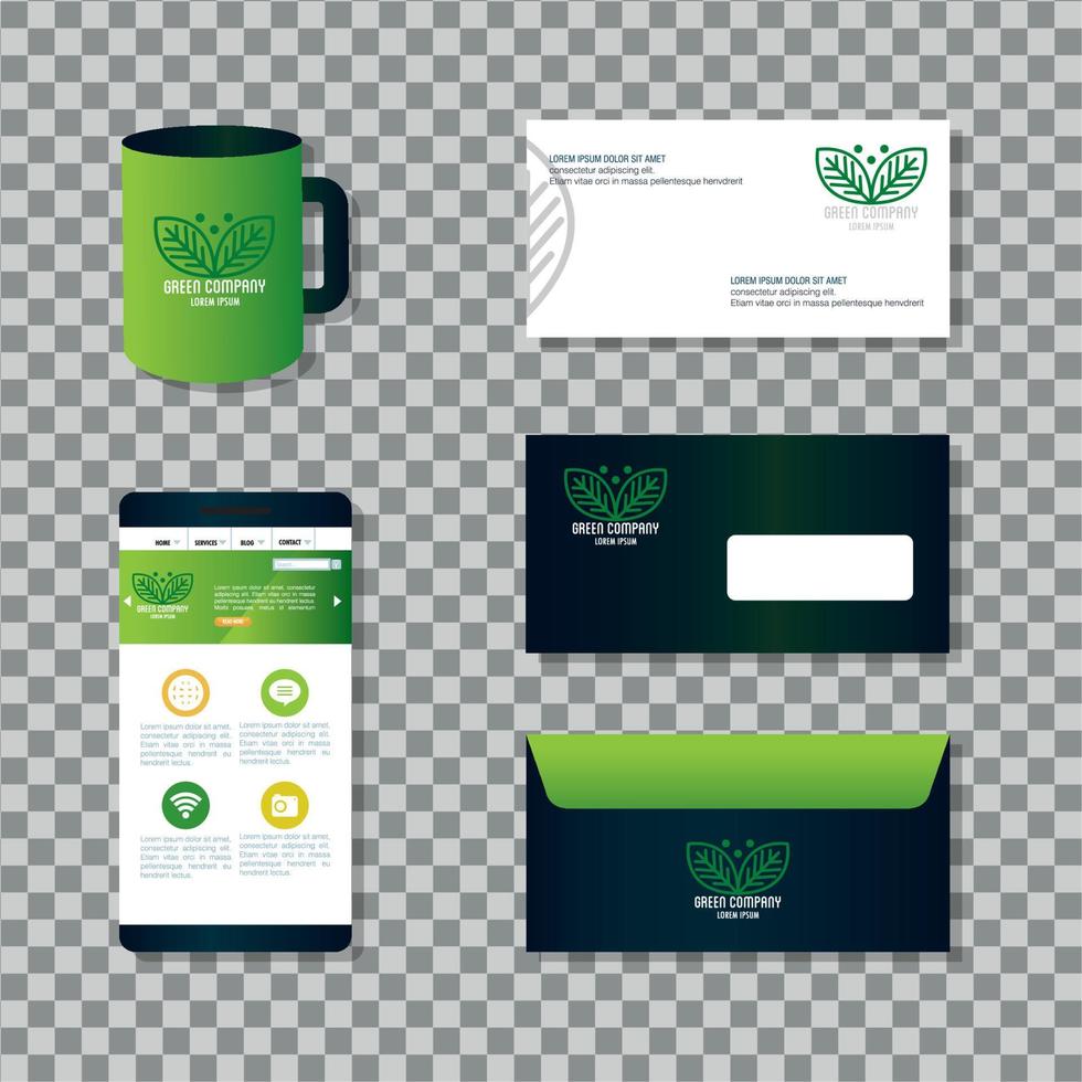 mockup stationery supplies green color with sign leaves, green identity corporate vector