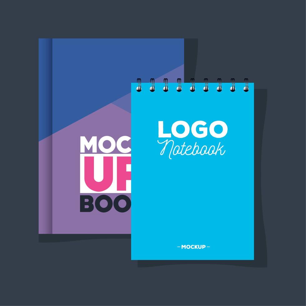 maqueta de marca de identidad corporativa, maqueta con cuaderno y libro de portadas de color púrpura y azul vector