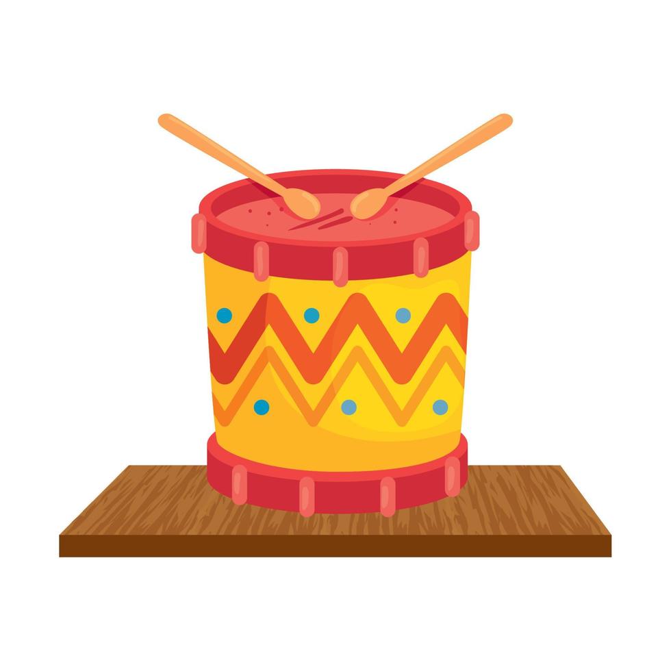 drum with sticks, child toy on wooden table vector
