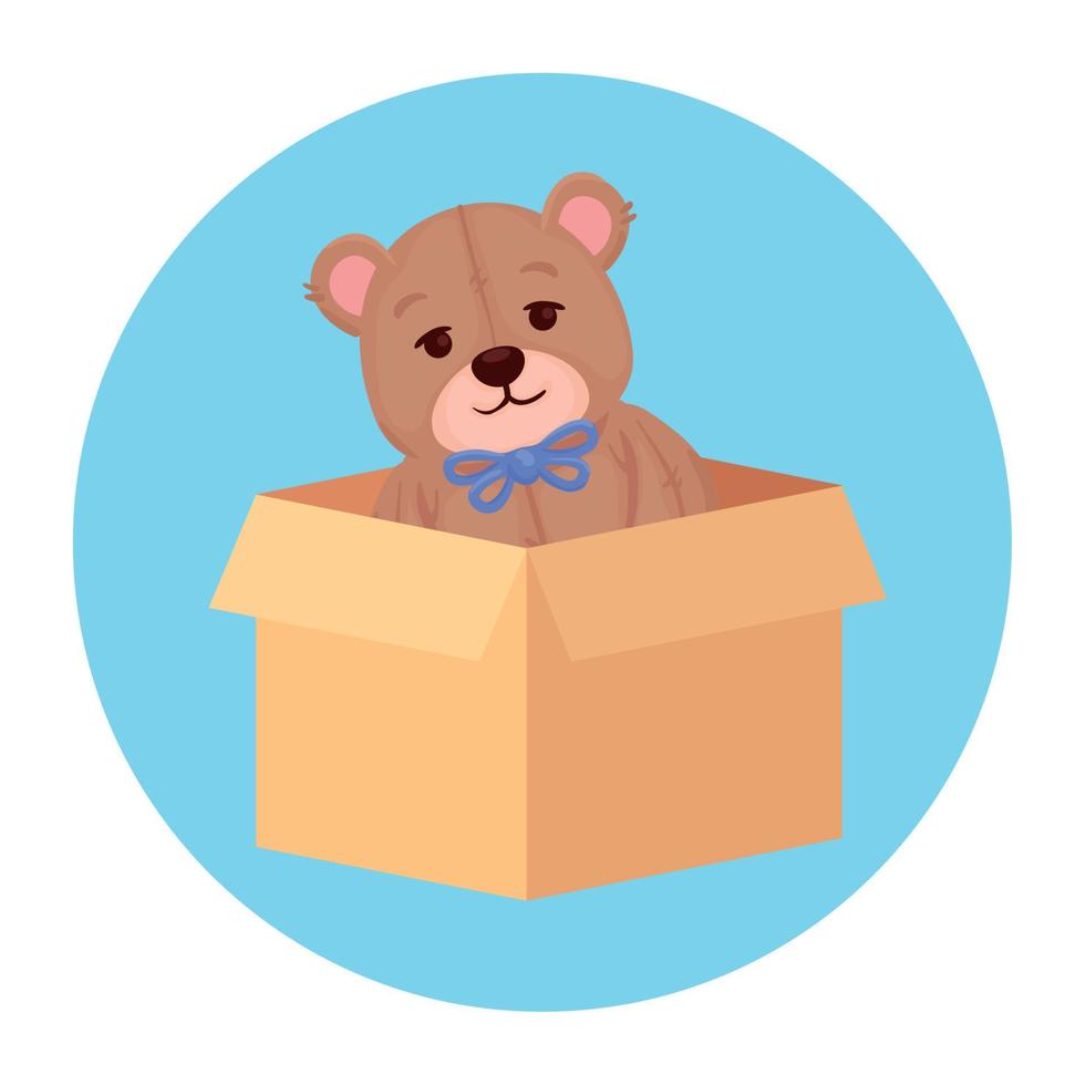 toy teddy bear on box carton, in round frame vector