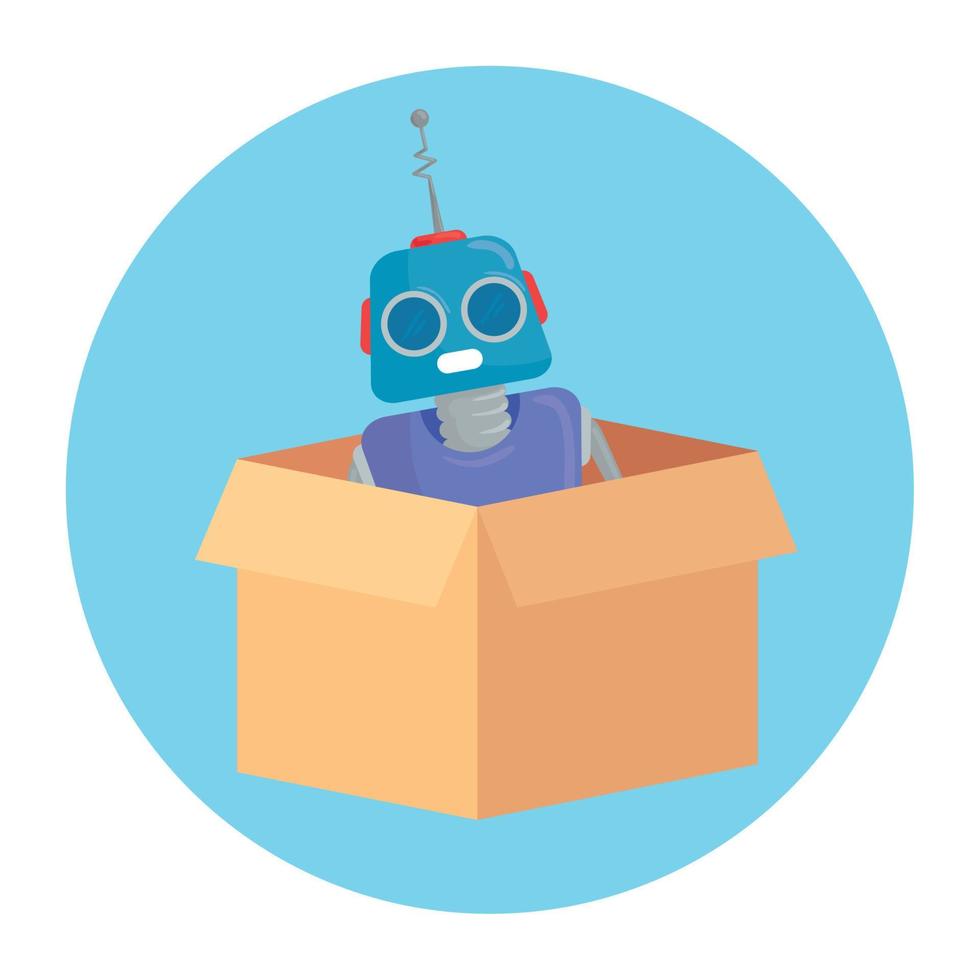 robot toy on box carton, in round frame vector