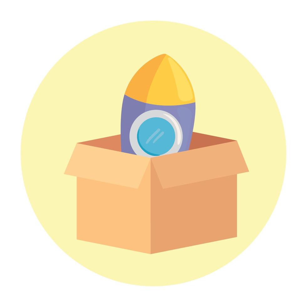 child toy rocket on box carton, in round frame vector