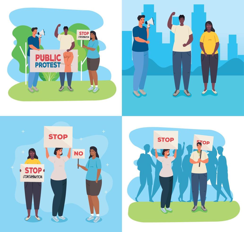 set scenes of people on protests with placards, human right concept vector