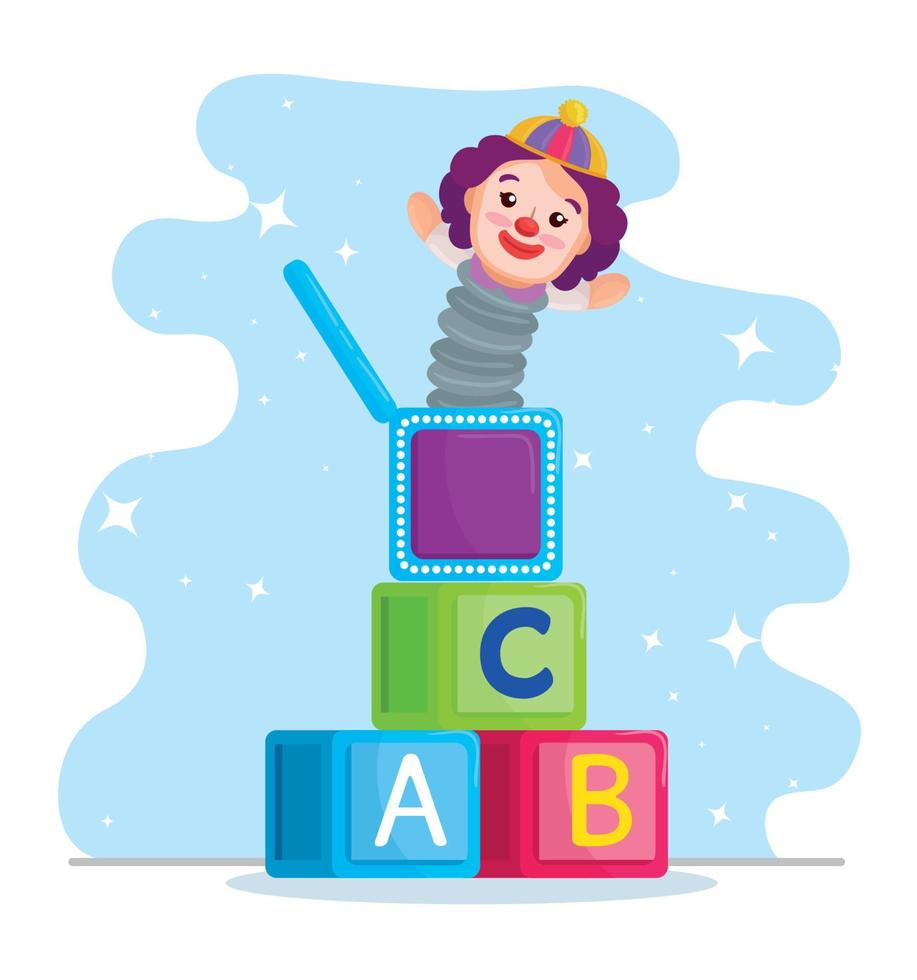 kids toys, alphabet cubes and clown vector