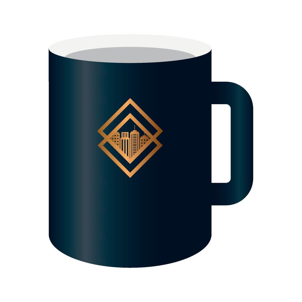 taza maqueta negra con signo dorado, identidad corporativa vector