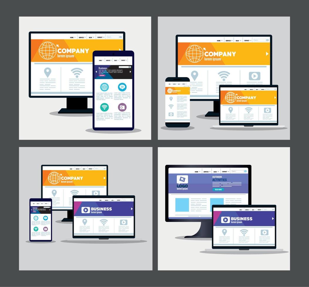 web receptiva de maquetas, desarrollo de sitios web conceptuales, en dispositivos electrónicos vector