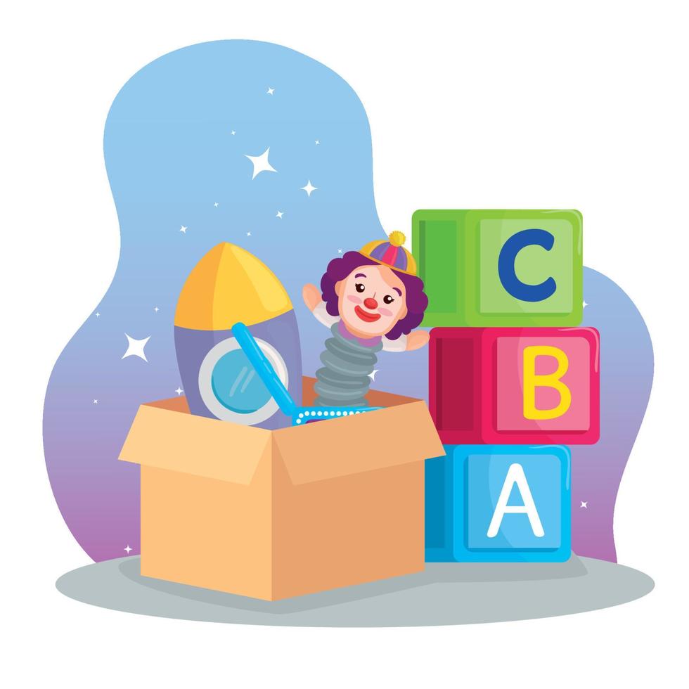 kids toys, cubes alphabet and toys on the box carton vector