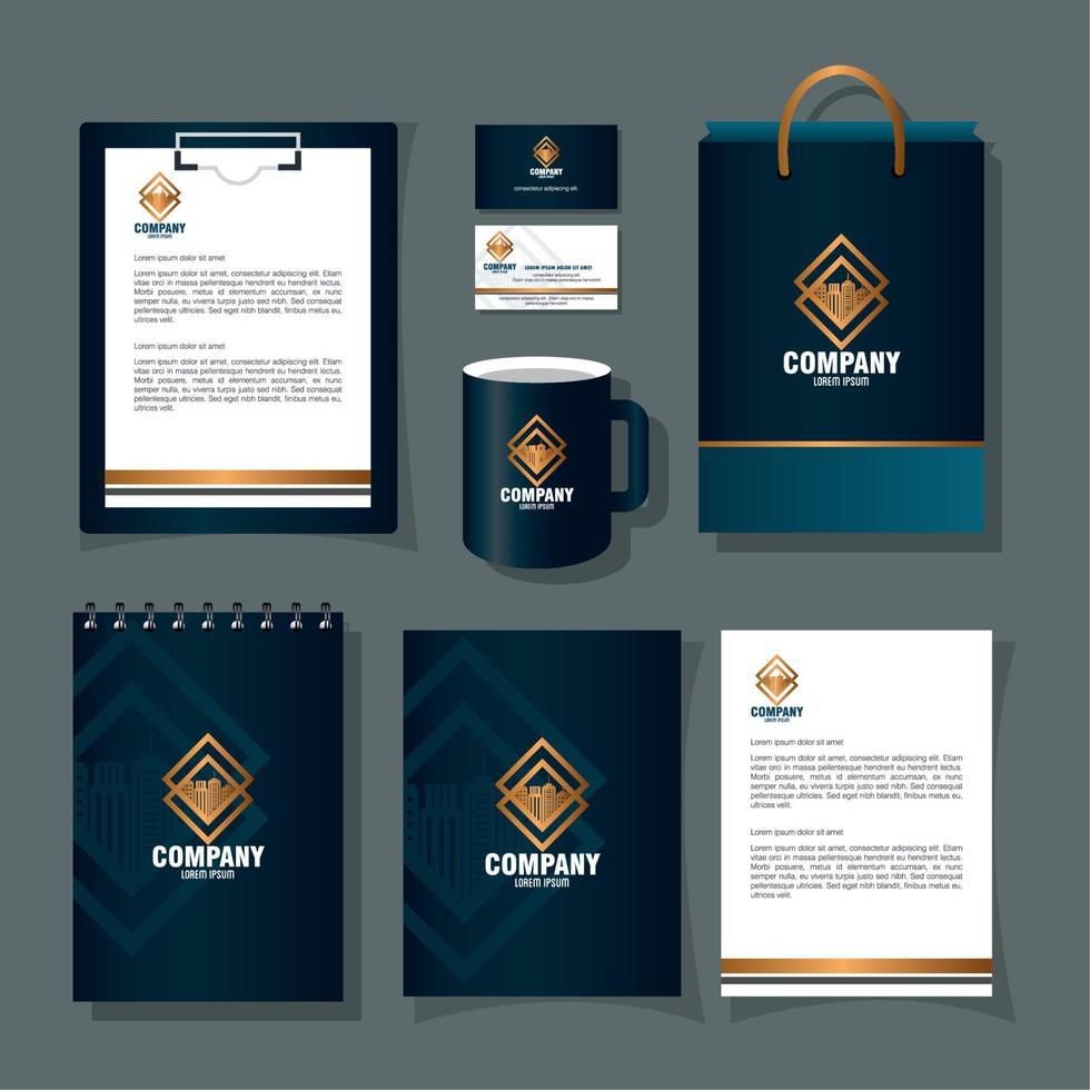 brand mockup corporate identity, mockup of stationery supplies black color with golden sign vector