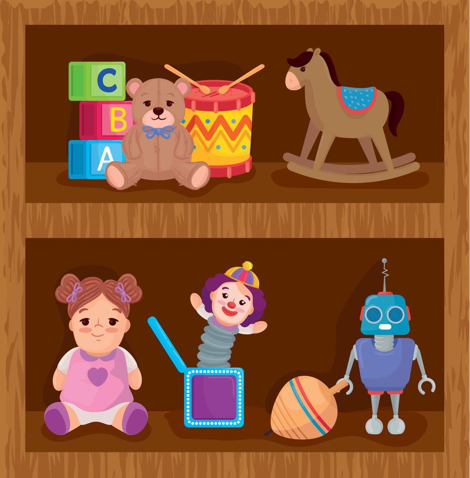 juguetes para niños, en la estantería de madera vector