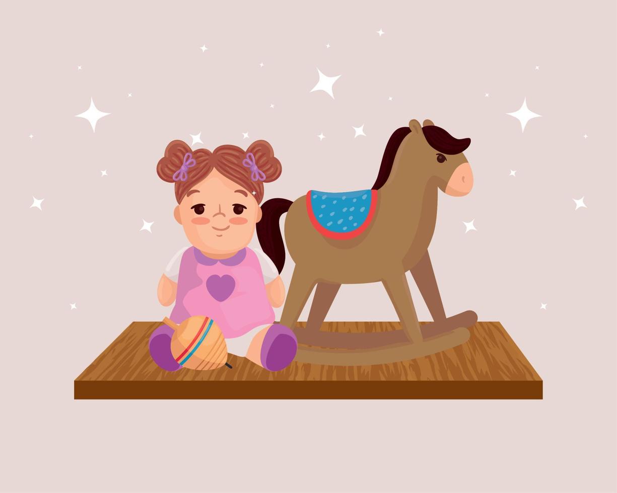 juguetes para niños, caballo de madera y linda muñeca vector