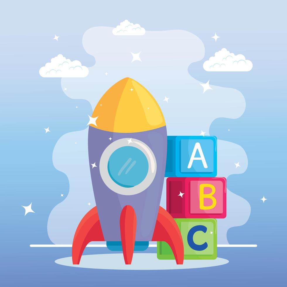 kids toys, rocket and alphabet cubes vector