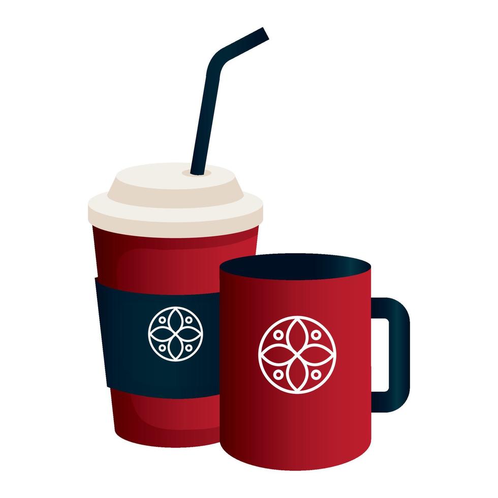 mockup disposable coffee and mug red color with white sign, corporate identity vector