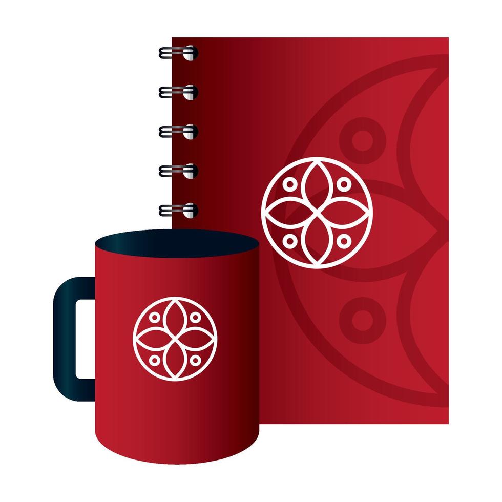 cuaderno de maquetas con taza de color rojo con signo blanco, identidad corporativa vector