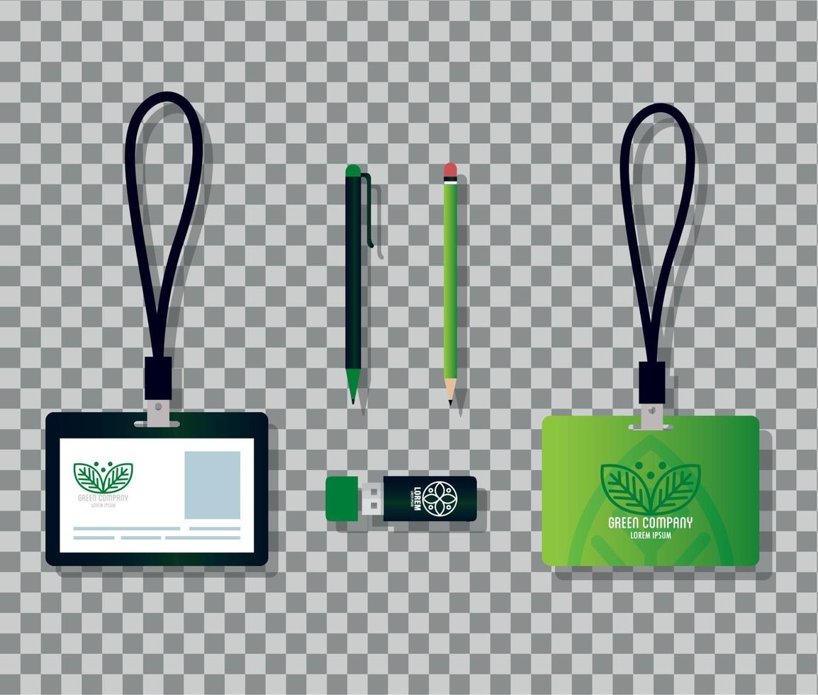 mockup stationery supplies color green with sign leaves, corporate identity green vector