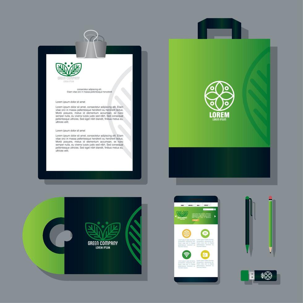 mockup stationery supplies color green with sign leaves, green corporate identity vector