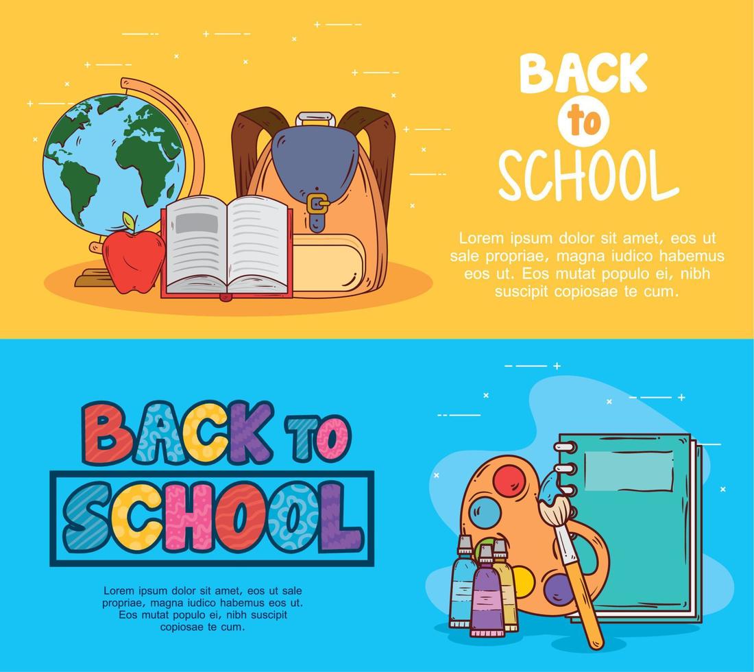 banners of back to school with supplies education vector
