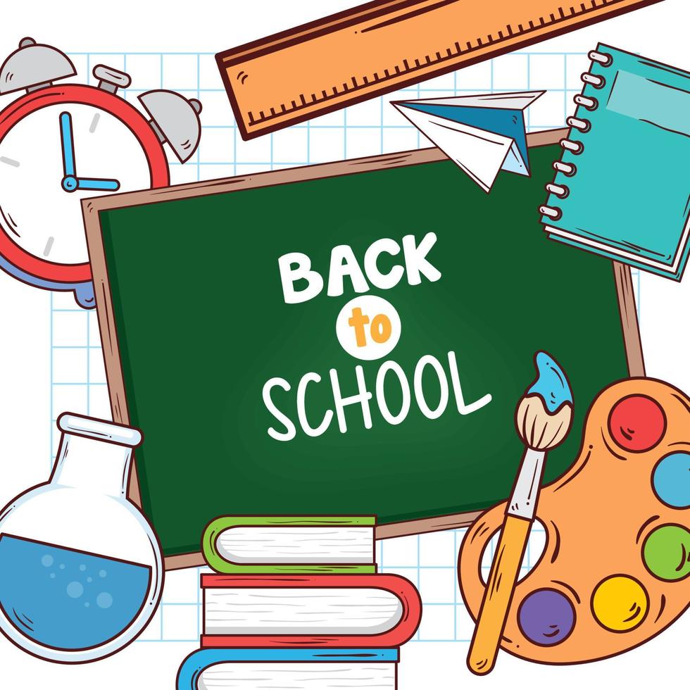 back to school banner with chalkboard and education supplies vector