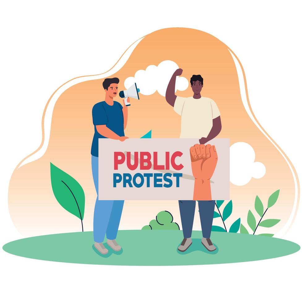 group men holding protests placards, group masculine holding banners vector