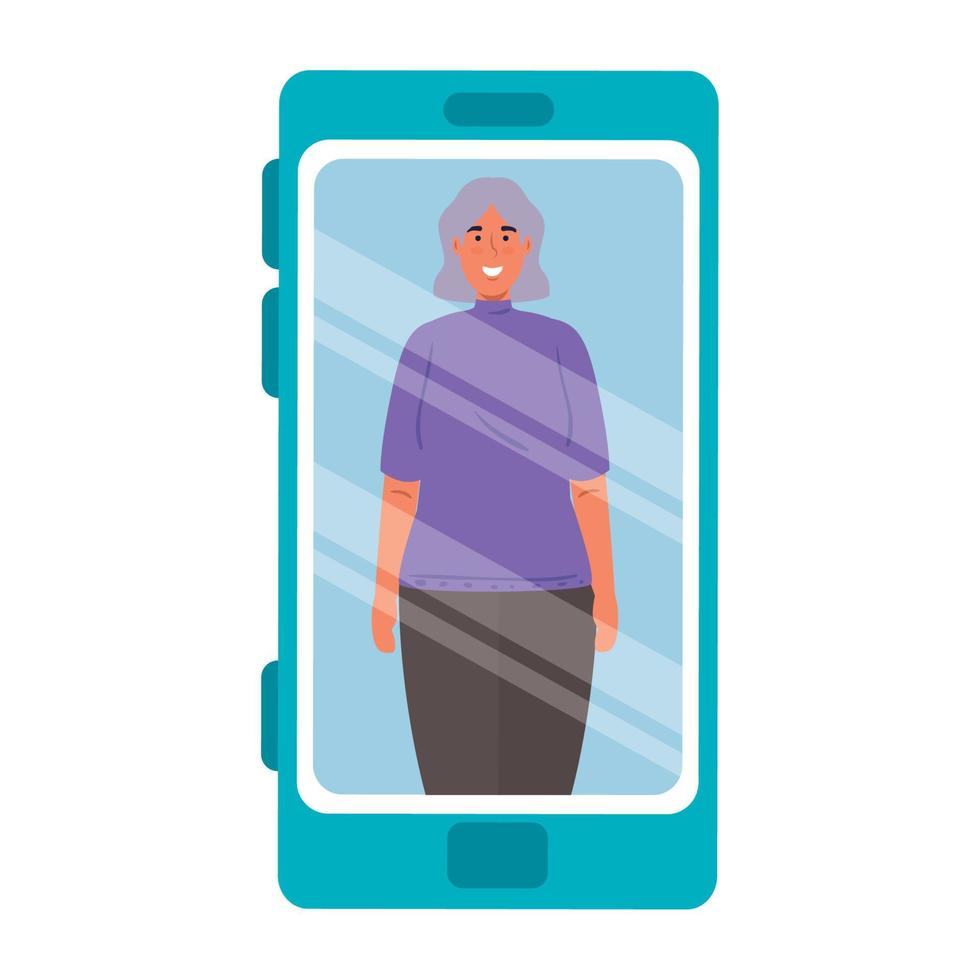 mujer con cabello lila en dispositivo de teléfono inteligente, concepto de redes sociales vector