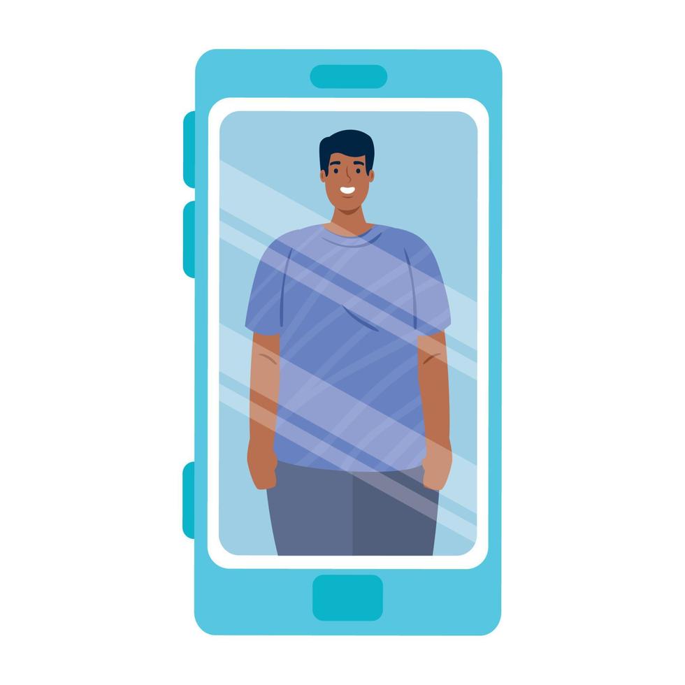 hombre mulato en dispositivo de teléfono inteligente, concepto de redes sociales vector