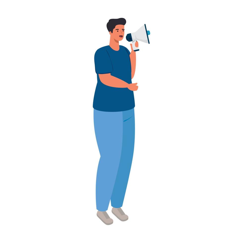 young man with megaphone on white background vector