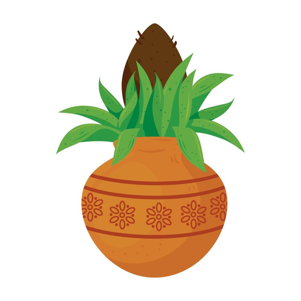 kalash con coco y hoja de mango icono aislado vector