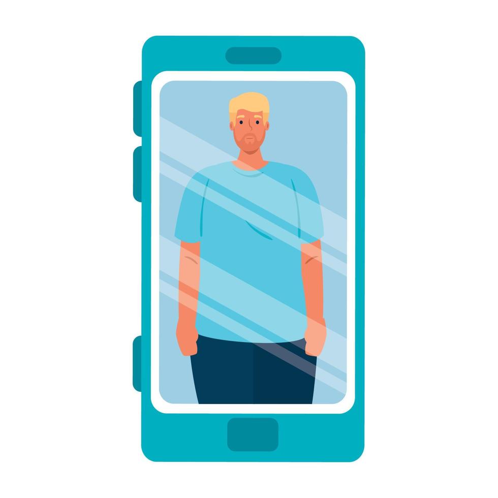 blonde hair man in smartphone device, social media concept vector