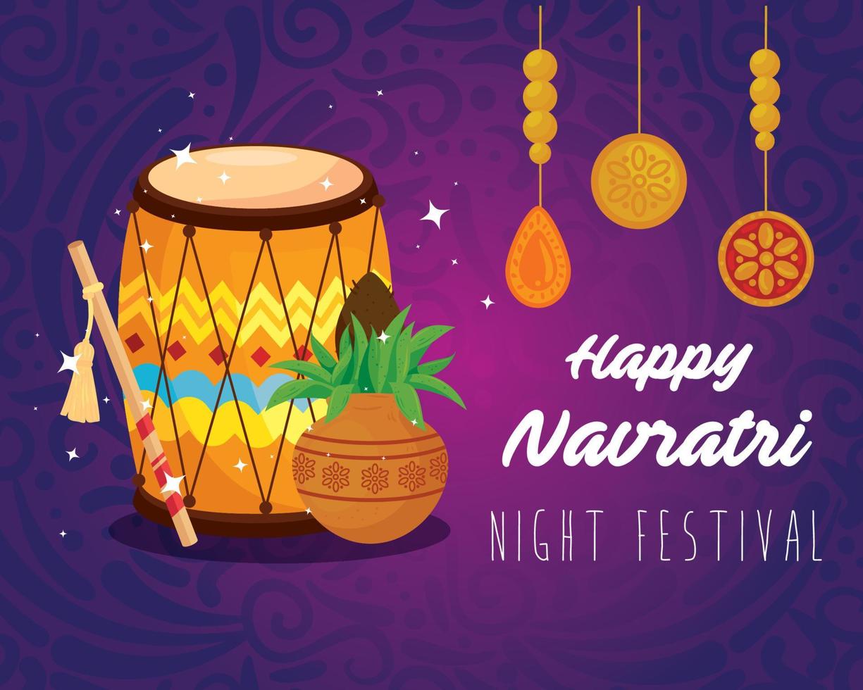 happy navratri celebration poster with dhol and decoration hanging vector