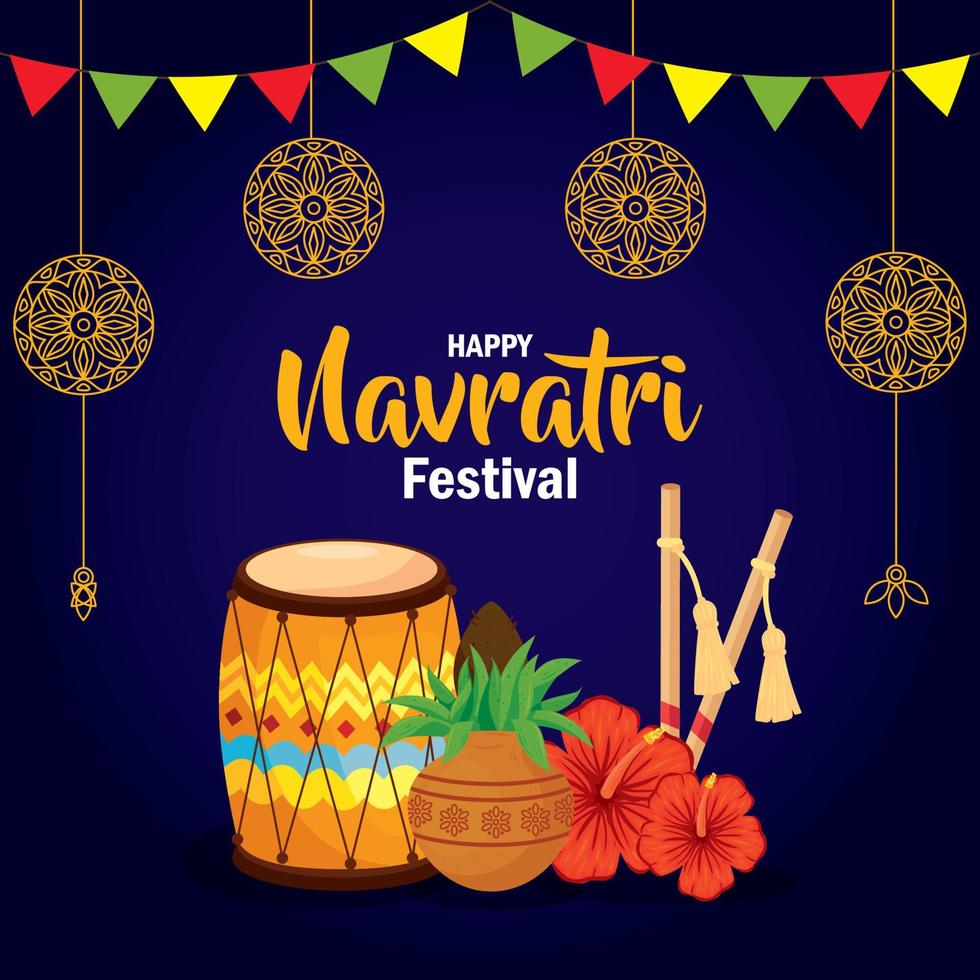 happy navratri celebration poster with dhol and decoration vector