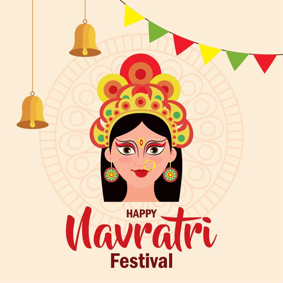 cartel de celebración feliz navratri, maa durga con decoración colgando vector