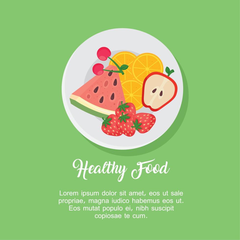 banner with fruits in dish, healthy food concept vector