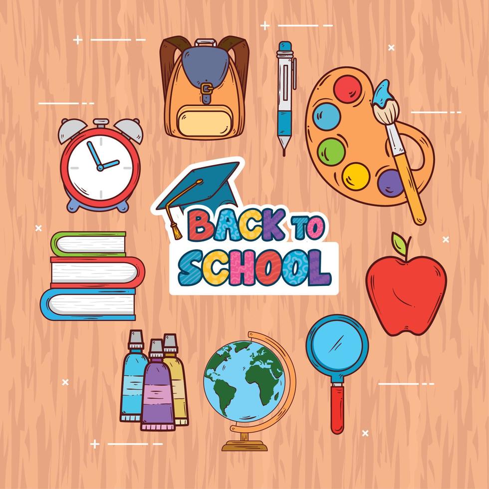 back to school banner, with backpack and icons of education supplies on wooden background vector