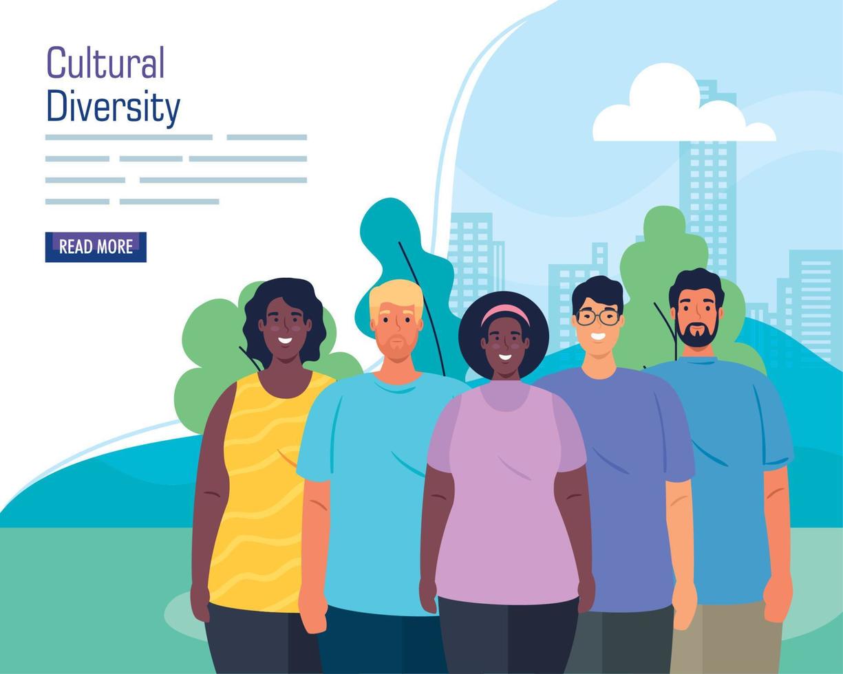 multiethnic group of people together in cityscape, cultural and diversity concept vector