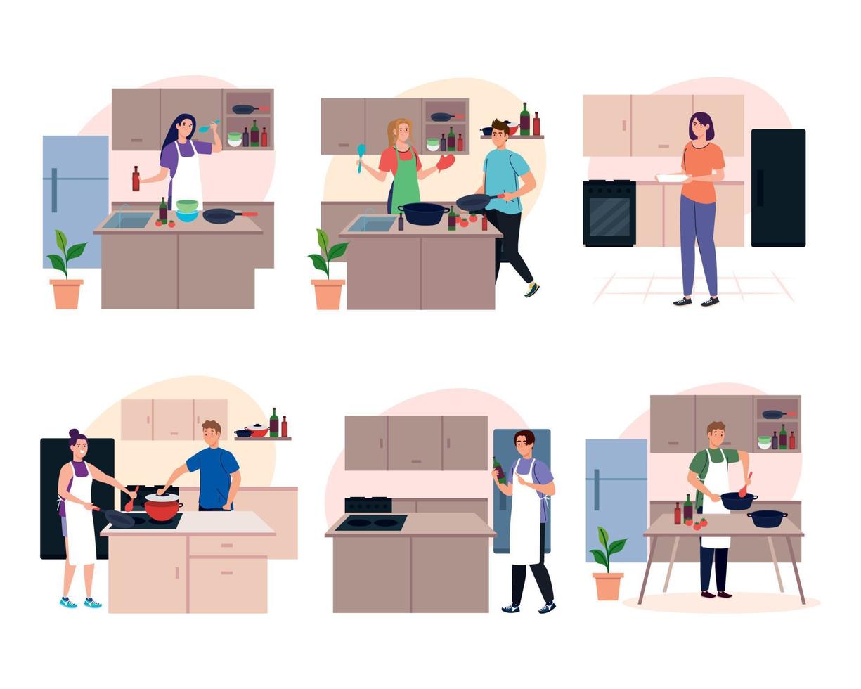 set scenes people cooking in the kitchen vector