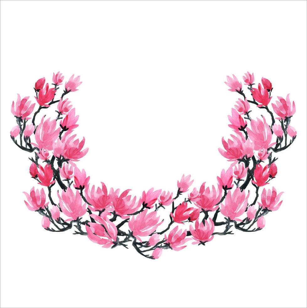 Sakura blossoms. Japanese cherry tree. Wreath bouquet of flowers watercolor floral clipart. vector