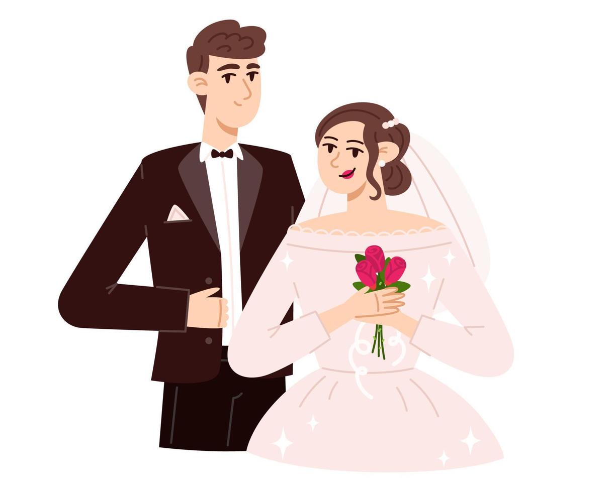 novia con un ramo de flores y novio en la boda, ilustración de estilo plano vector