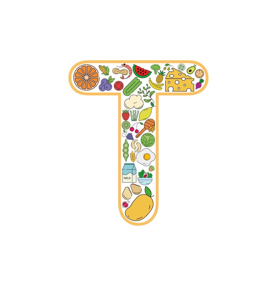 conjunto de iconos de collage de comida y bebida de la letra t. conjunto vectorial de alérgenos esenciales e iconos de línea de dieta. conjunto de iconos de alimentos editables. vector