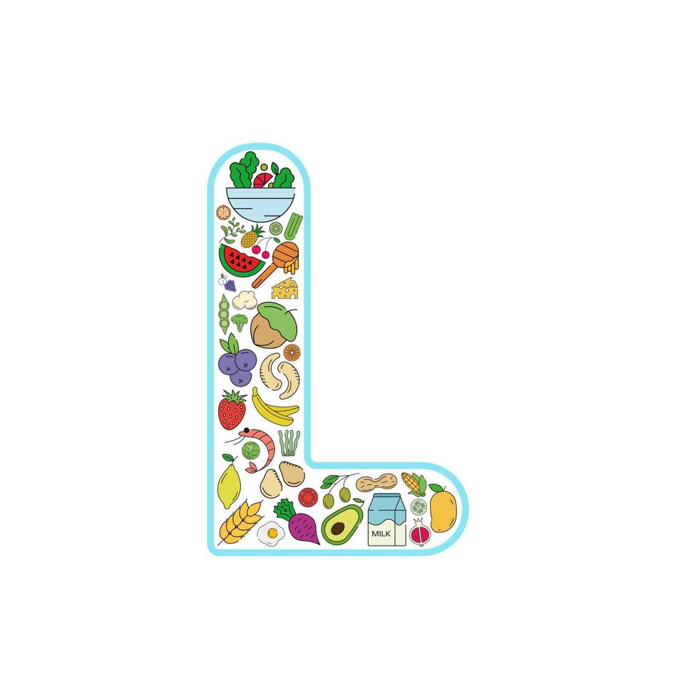 conjunto de iconos de collage de comida y bebida de la letra l. conjunto vectorial de alérgenos esenciales e iconos de línea de dieta. conjunto de iconos de alimentos editables. vector