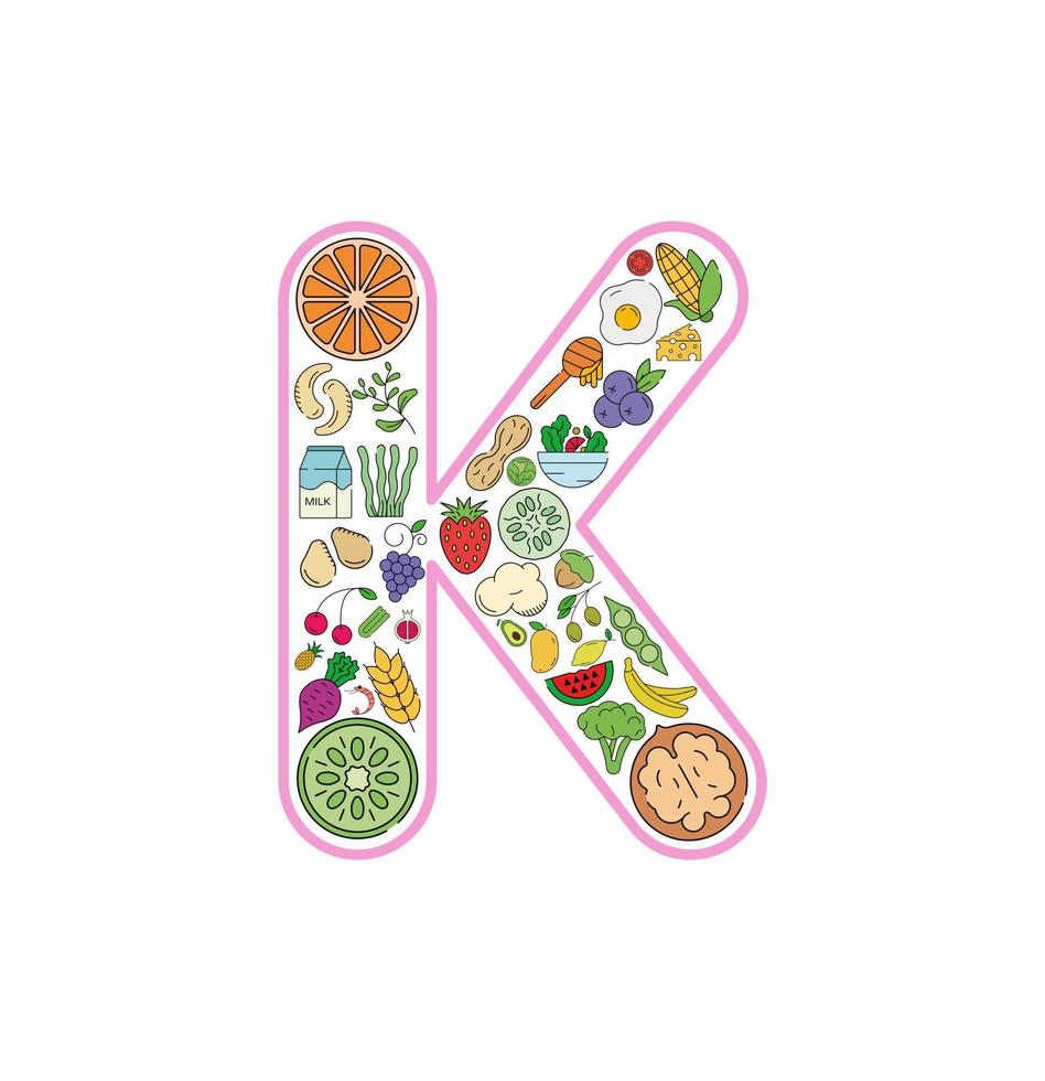 conjunto de iconos de collage de comida y bebida de la letra k. conjunto vectorial de alérgenos esenciales e iconos de línea de dieta. conjunto de iconos de alimentos editables. vector