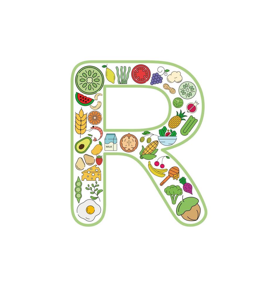conjunto de iconos de collage de comida y bebida de la letra r. conjunto vectorial de alérgenos esenciales e iconos de línea de dieta. conjunto de iconos de alimentos editables. vector