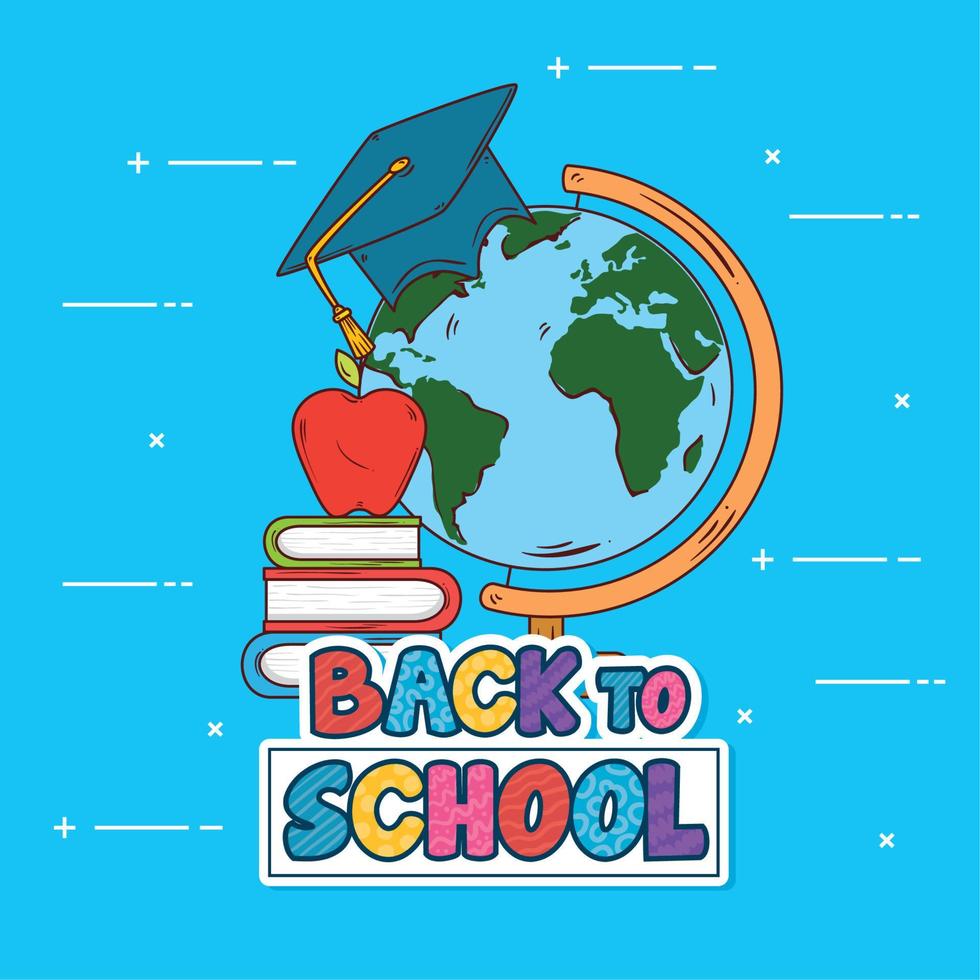 banner de regreso a la escuela, con planeta mundial y educación de suministros vector