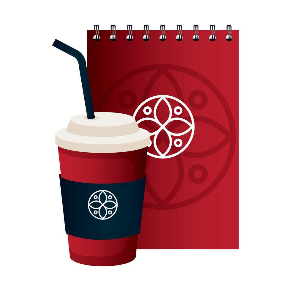 maqueta de café desechable y cuaderno de color rojo con letrero blanco, identidad corporativa vector