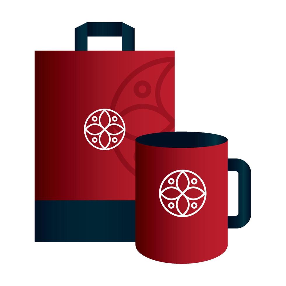 papel de bolsa de maqueta con taza de color rojo con signo blanco, identidad corporativa vector