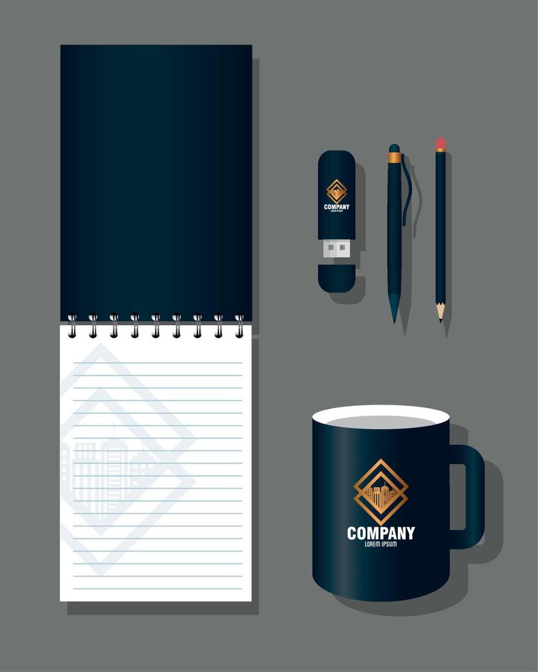 brand mockup corporate identity, mockup stationery supplies color black with golden sign vector