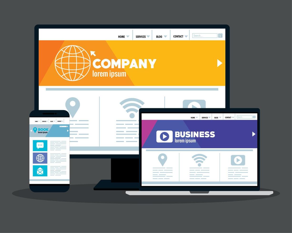 mockup responsive web, concept website development in computer, laptop and smartphone vector