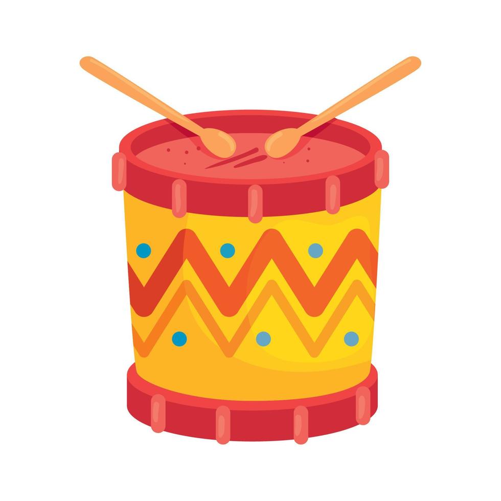 tambor con baquetas, instrumento musical de juguete infantil vector
