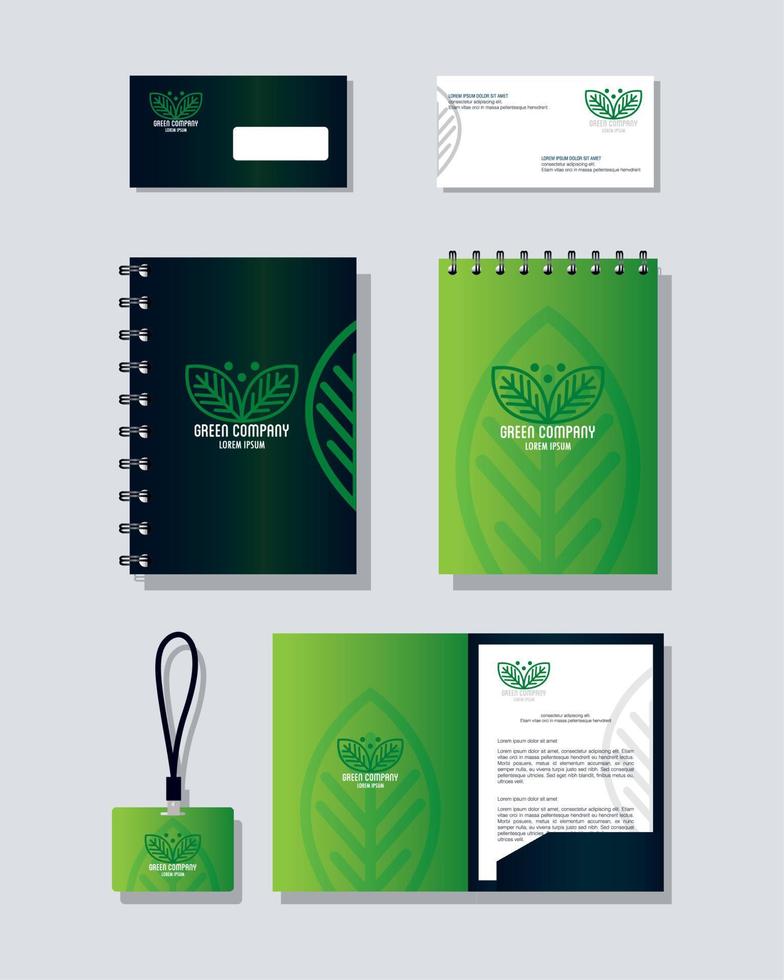 suministros de papelería de maqueta color verde con hojas de letrero, identidad corporativa vector