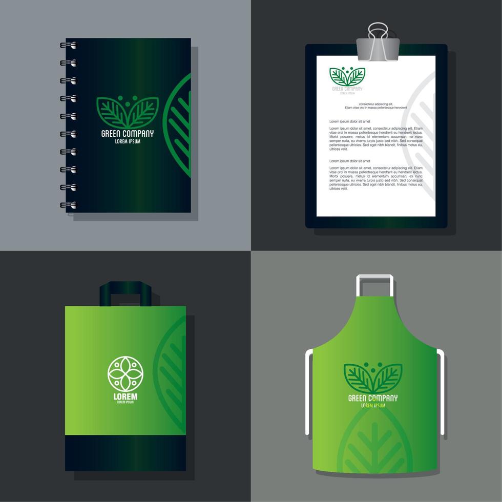 mockup stationery supplies color green with sign leaves, identity corporate vector